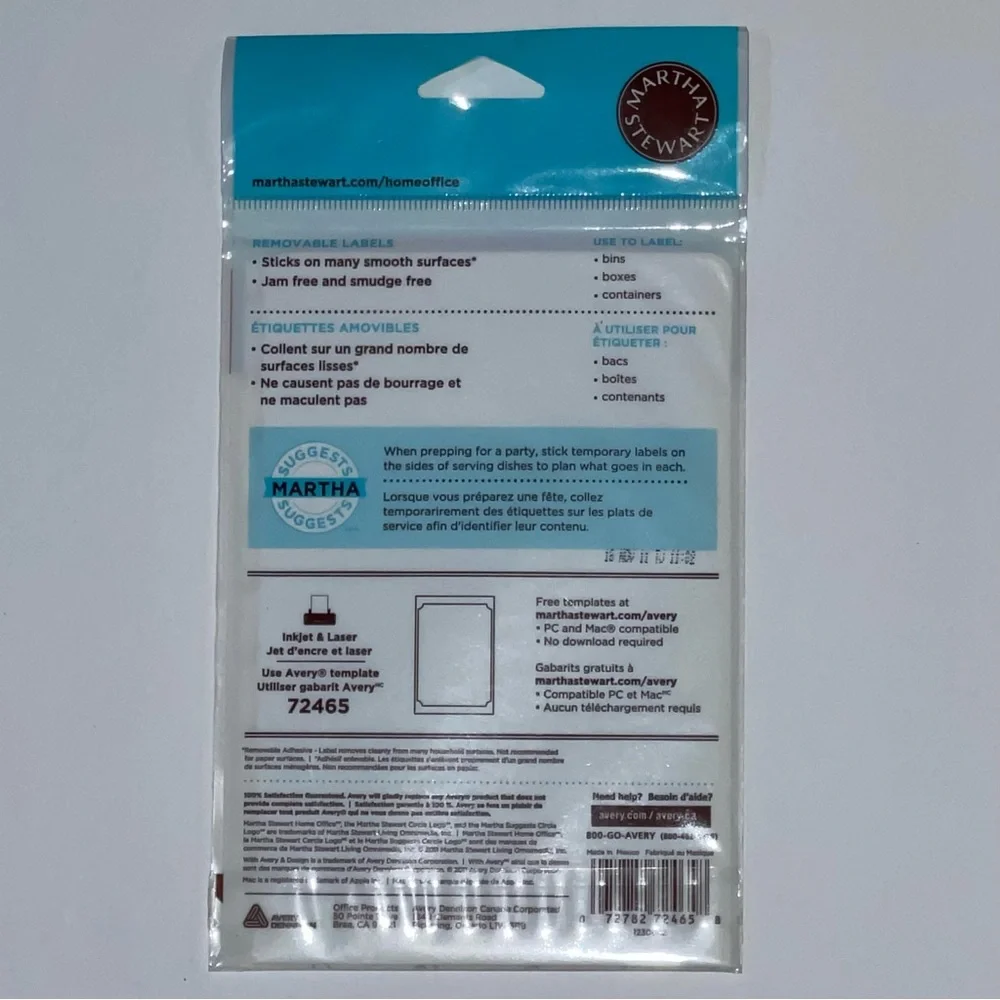 Set of 2 Martha Stewart Home Office Avery White Blue Removable Labels